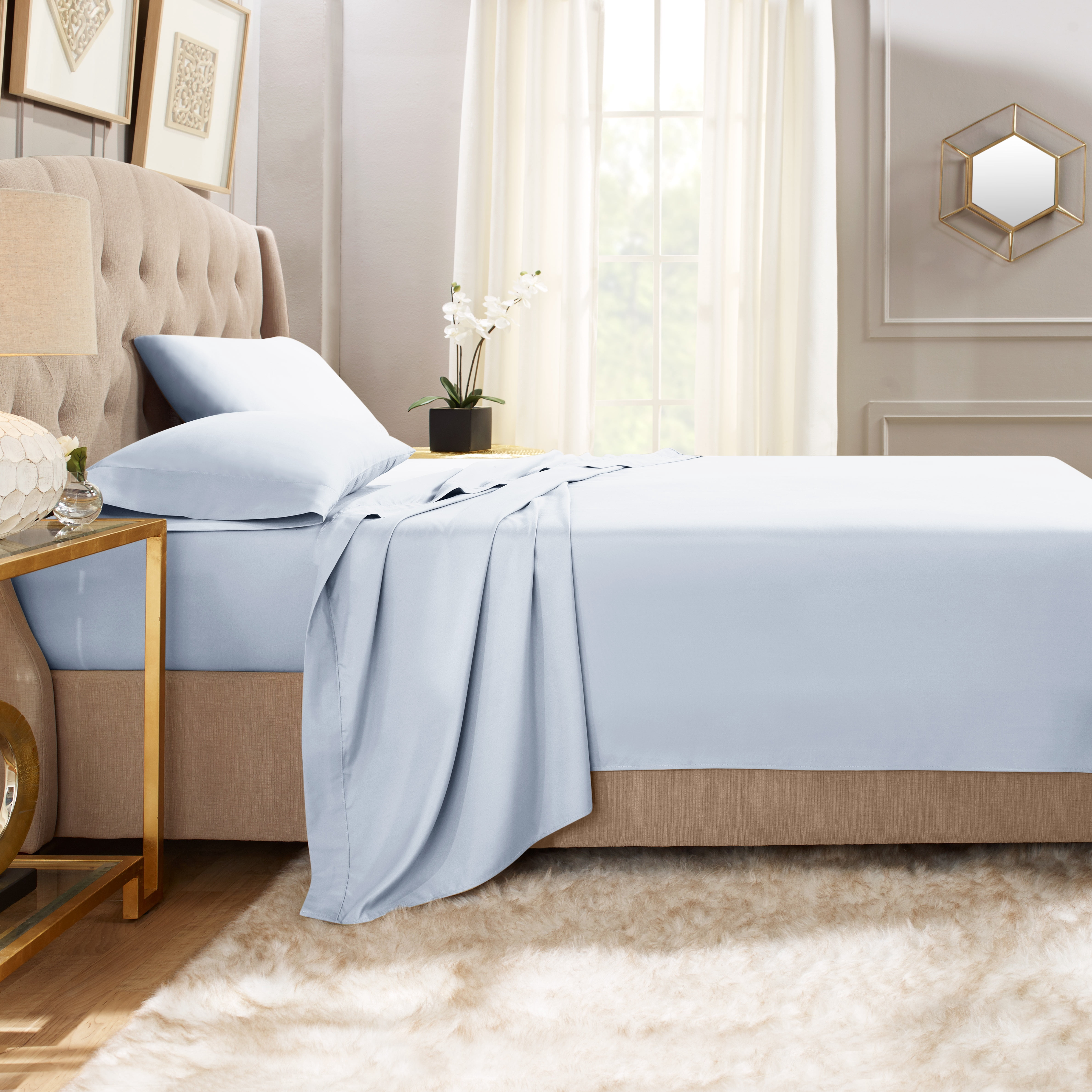 Hearth & Harbor Deep Pocket 4 Piece Solid Bed Sheet Set, 1800 Thread Count Microfiber Sheets, Full, Ice Blue