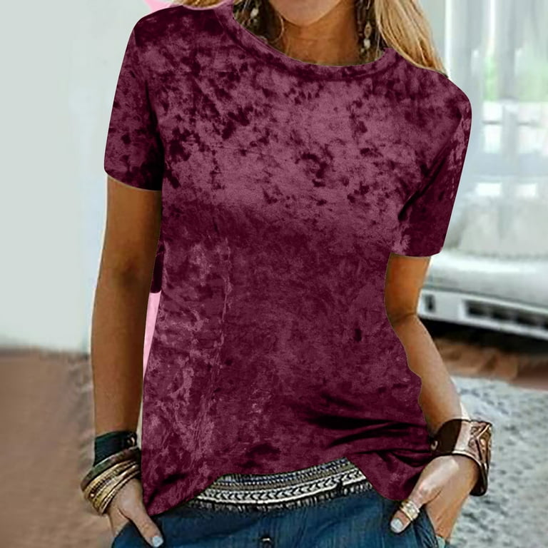 Posijego Velvet Top for Women Short Sleeve Crew Neck Vintage