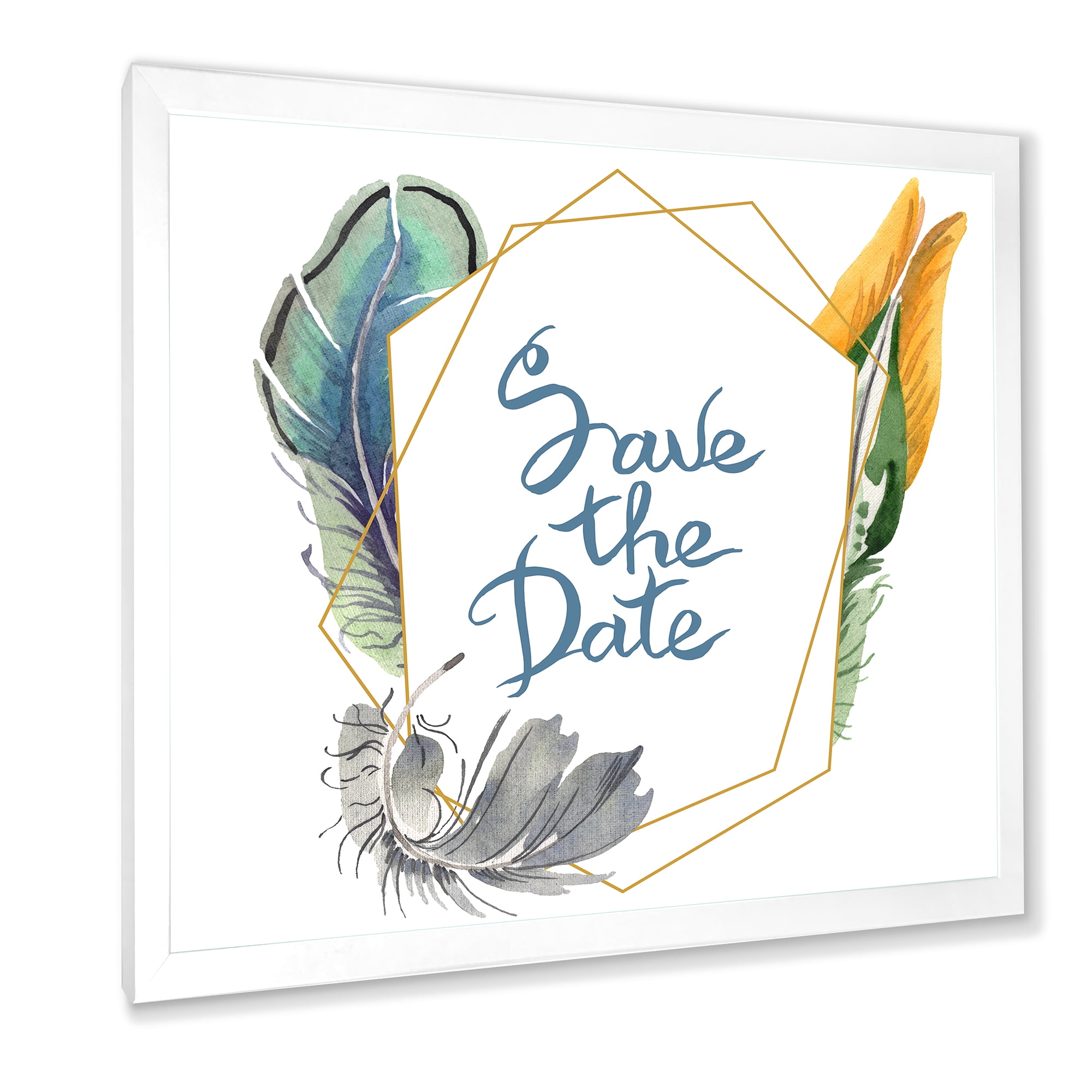 Designart 'Save The Date Bird Blue Feather' Bohemian & Eclectic Framed Art Print