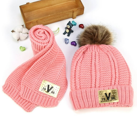 Knitted Baby Hat Winter Warm Boys Girls Beanie Fleece Lining Toddler Kids Hat with Scarf Set Pink 3-16 Years