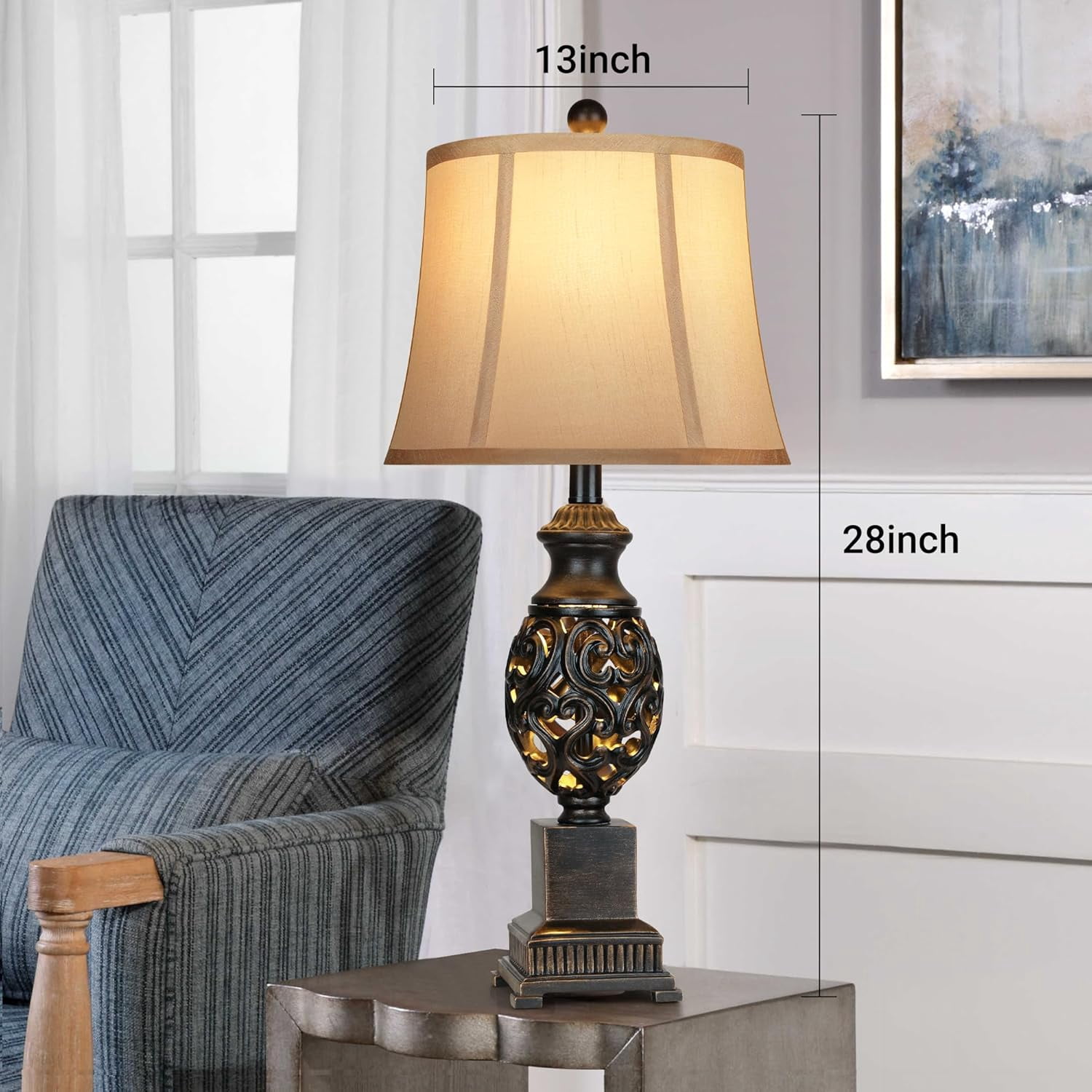 Miniyam Table Lamps Set of 2, 28" Tall Bedside Lamp with Nightlight, Rustic Farmhouse Nightstand Lamps with Linen Shades for Living Room Bedroom End Table(Black)