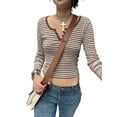 thumbnail image 3 of Liacowi Women Long Sleeve T-shirt Striped Print V-neck Pullover Casual Tops Slim Fit, 3 of 5