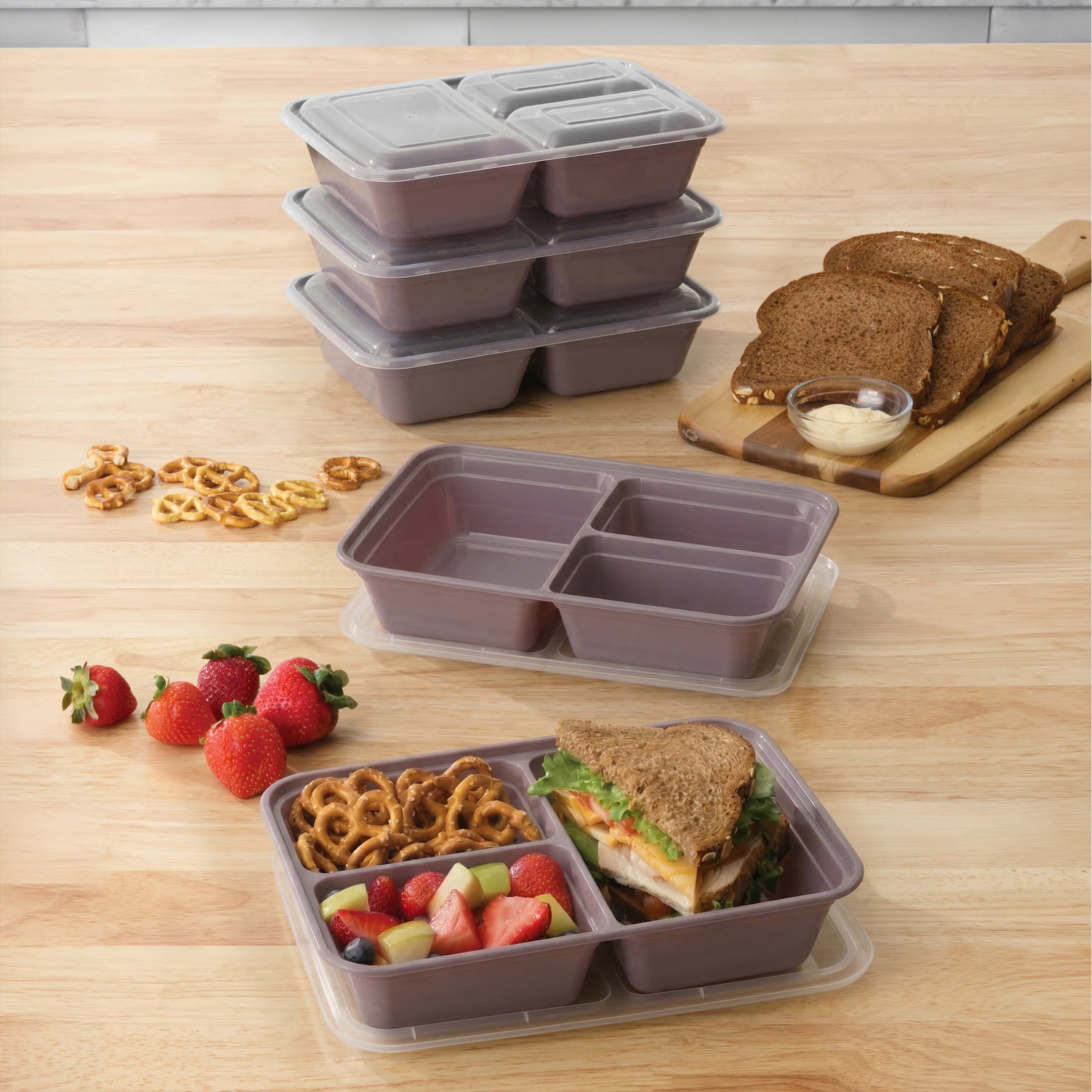 Mainstays 5-Pack 3-Compartment BPA-Free Plastic Meal Prep Food Storage Containers, 1.2L, Lilac Bloom