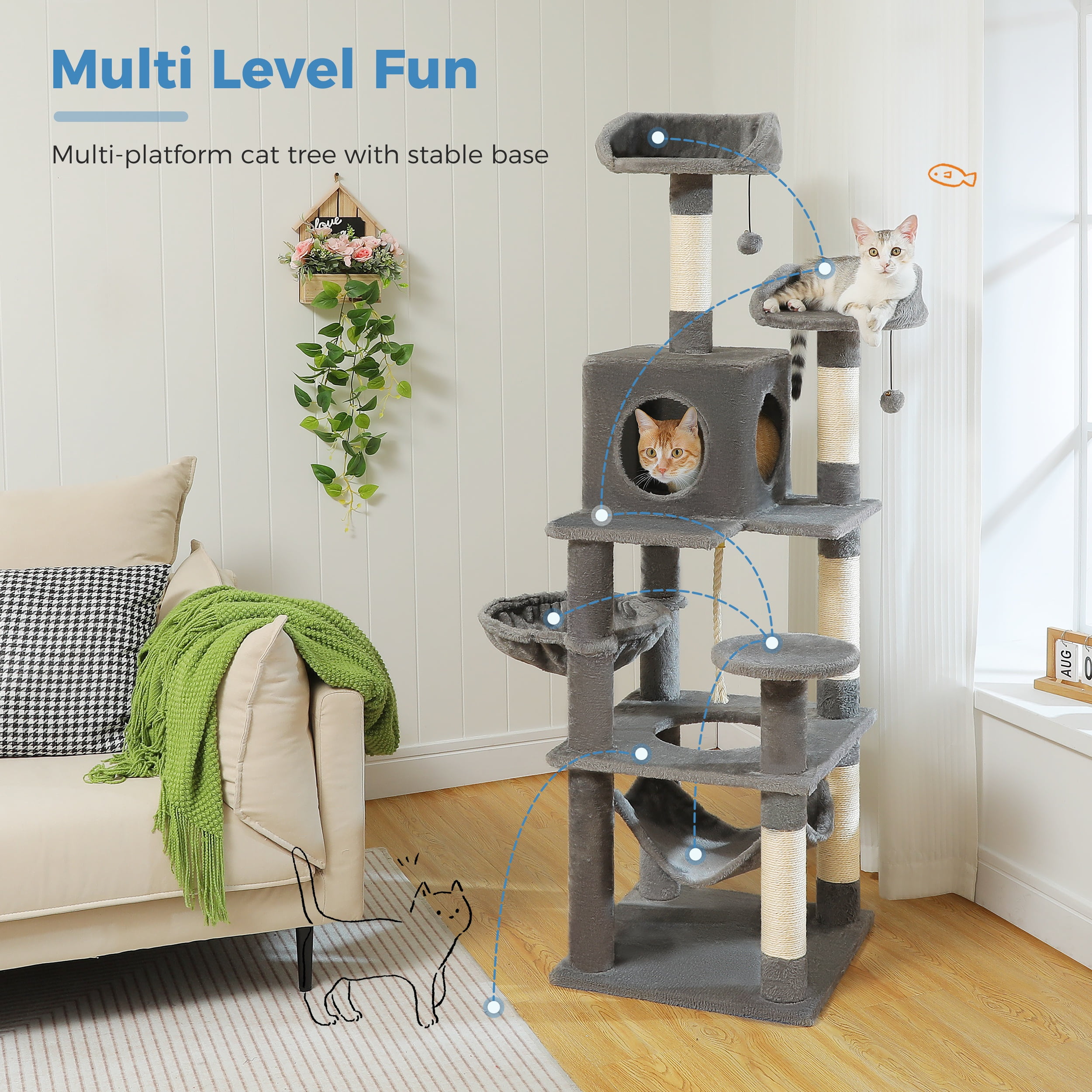 Vibrant Life 60inch Multi-Level Cat Tree with Condo Scratching Post and Hammock,Gray