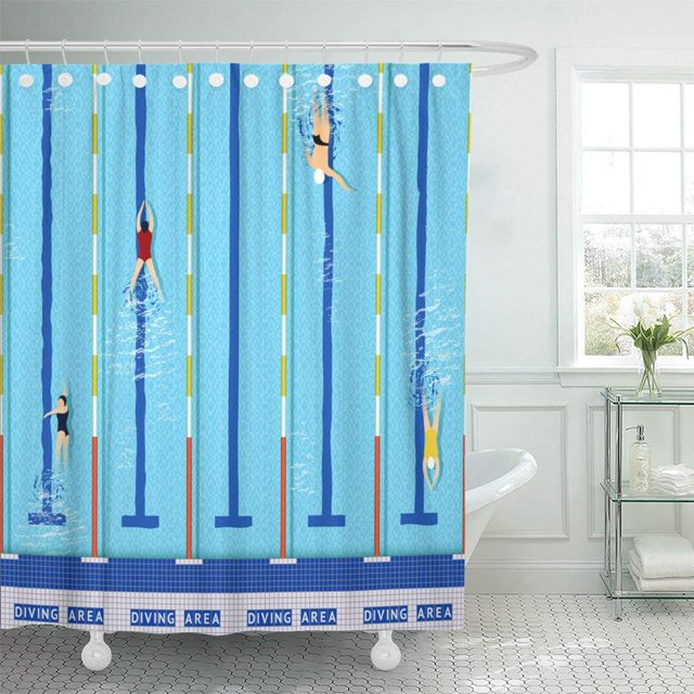 ABPHQTO Vista superior de la piscina de natación azul con varias siluetas de atletas Cortinas de ducha de baño de competición 152x180 cm ABPHQTO PKNMT60x72Shower-4394