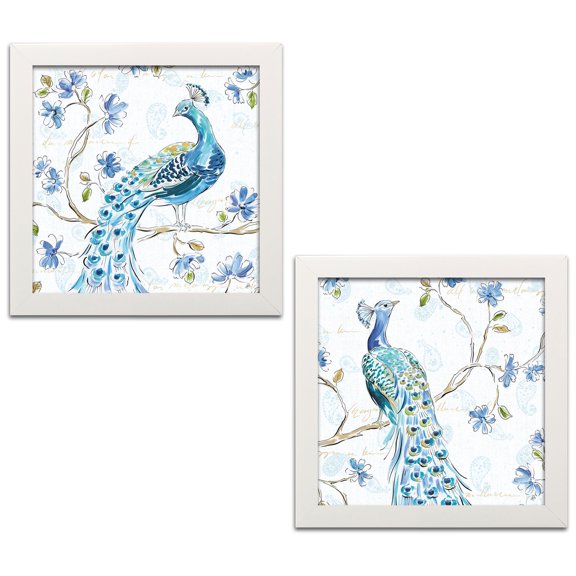 Gango Home Decor Contemporary Peacock Allegory III & IV White by Daphne Brissonnet (Ready to Hang); Two 12x12in White Framed Prints