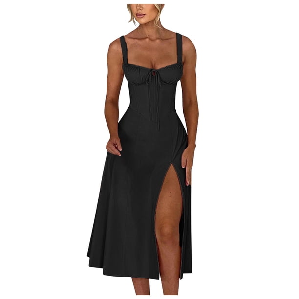 Vestido largo sin mangas y sin espalda con corte en A para mujer - Color liso, poliéster, para fiestas de verano y ocasiones formales