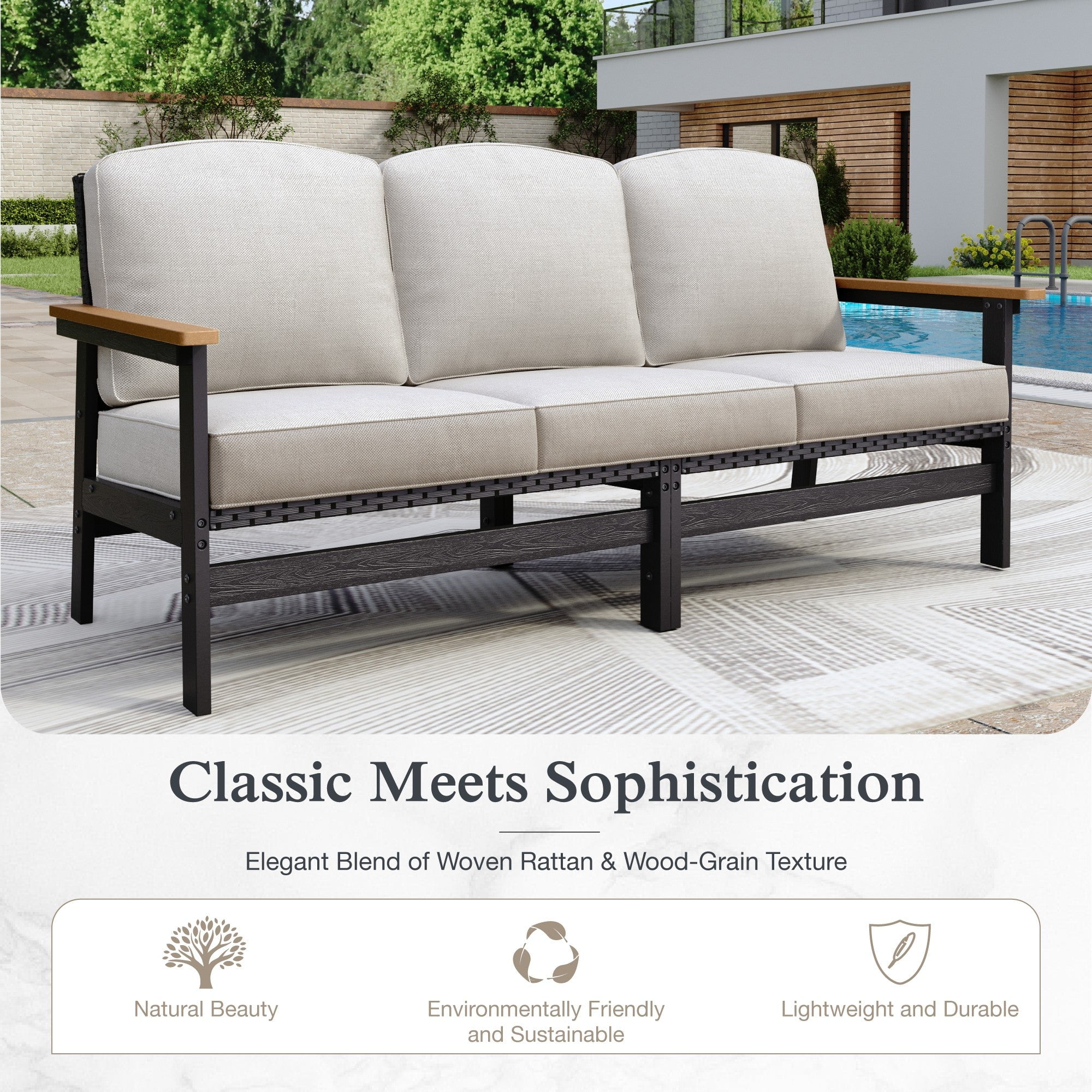 Sophia & William 4 Pieces HDPE Outdoor Patio Furniture Set 5-Seat All-Weather Cushioned Conversation Set with Wicker Chairs & Wood-grain Coffee Table