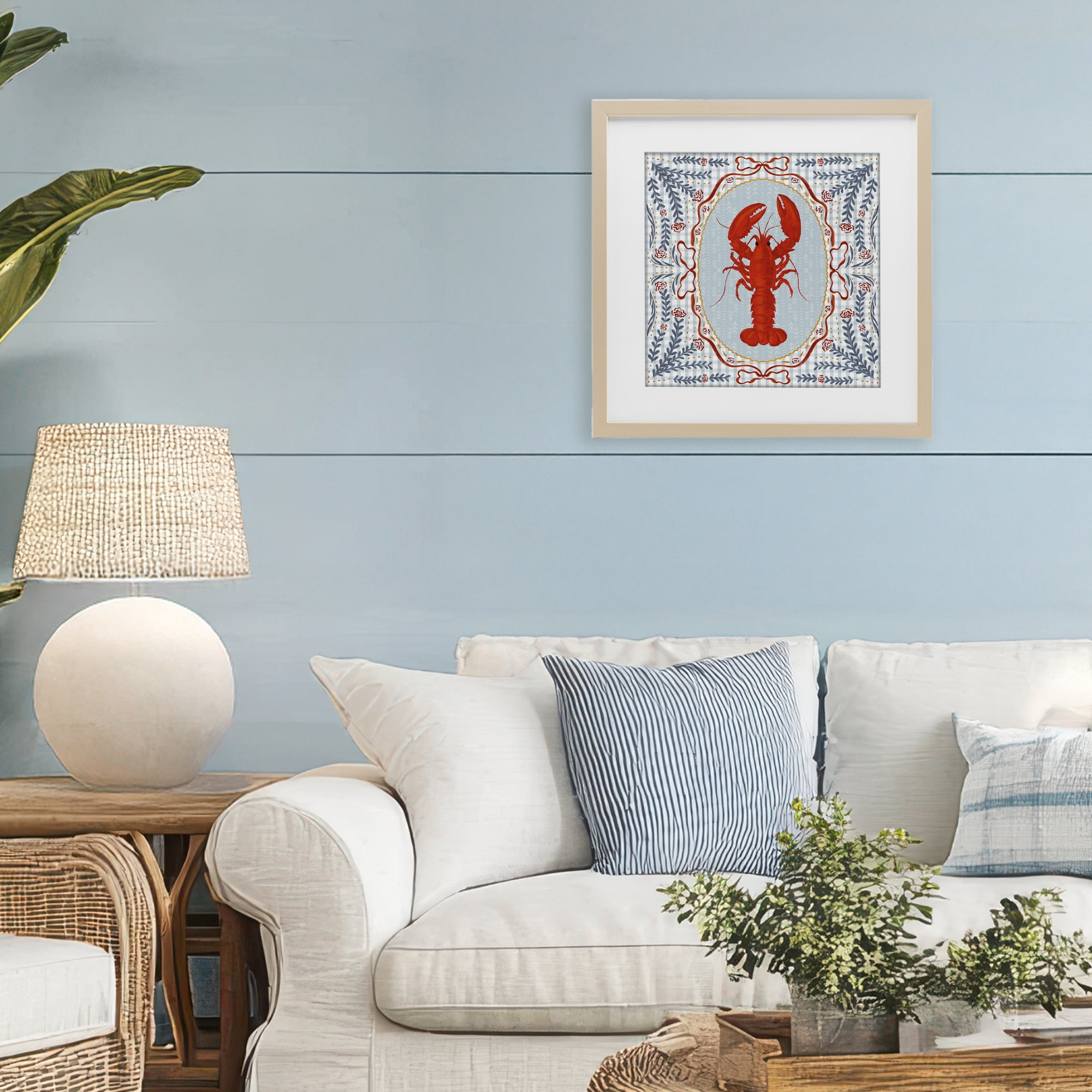 Stupell Industries Lobster Portrait Blue Gingham Birch Framed Print Under Glass, design by Vero Illustrates
