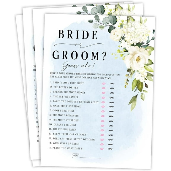 Bride or Groom Wedding Shower Game, Fun Bridal Shower Games, He Said She Said Trivia (Blue White Rose)