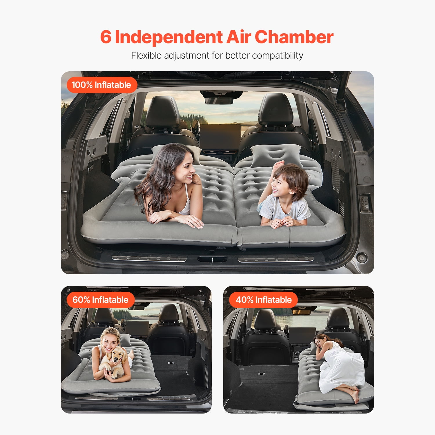 KFFKFF Inflatable Car Air Mattress, Comfortable Travel Sleeping Pad with Flocking Surface, Durable and Portable Design, Includes Air Pump, Nozzle, and Carry Bag, Compatible with Most SUV, MPV