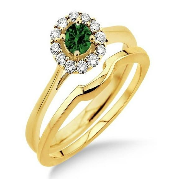 1.25 Carat Emerald & Diamond Bridal set Halo on 10k Yellow Gold