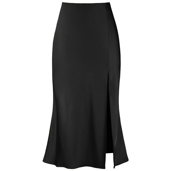 Women's Sexy Thigh Side Slit High Waist Elastic Band Flared Silky Stain Midi Skirts
