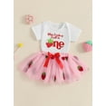 thumbnail image 3 of Nygoyerh Newborn Girls Strawberry First Birthday Outfit Letter Embroidery Short Sleeve Romper Bow Tulle Skirt 2 Pcs Set Infant Clothing 6M 9M 12M 18M, 3 of 7