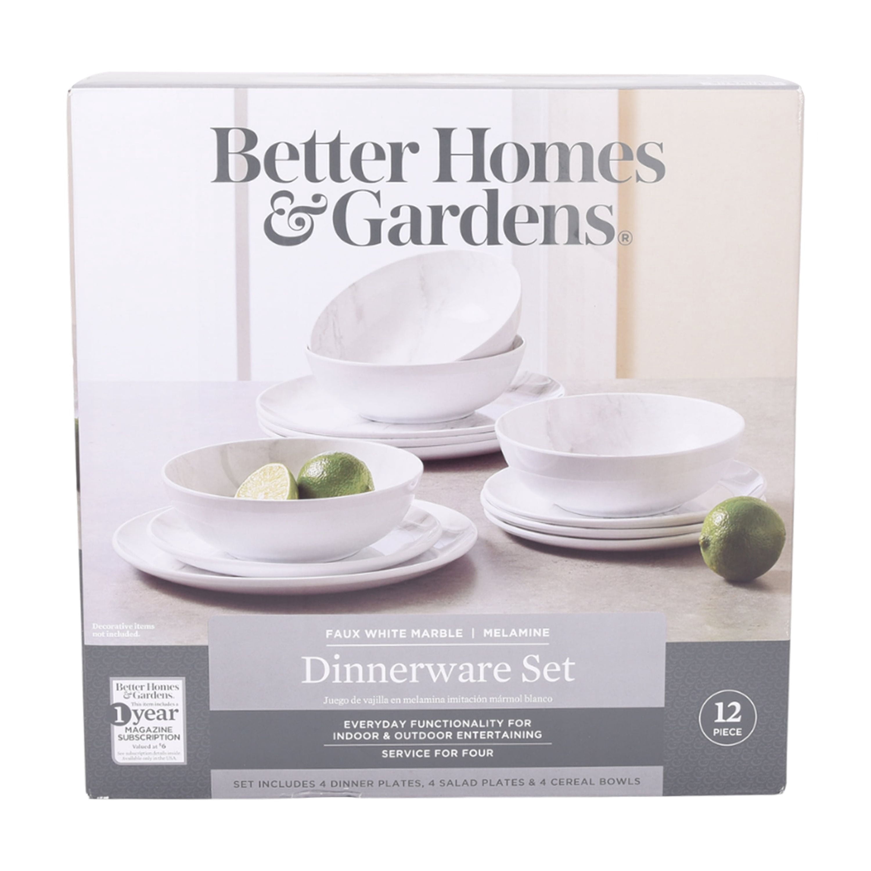 Better Homes & Garden 12-Piece Melamine Grey and White Marble Dinnerware Set