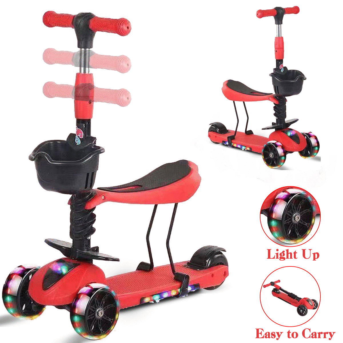 3 in 1 Kids Kick Scooter with 3 LED Flashing Wheels, Removable Seat