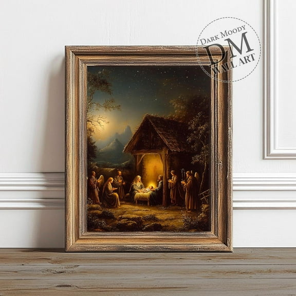 Holy Night Nativity Print, Dark Moody Wall Art, Vintage Manger Scene Print, Wall Art, Modern Wall Decor, 8x12 UNFRAMED