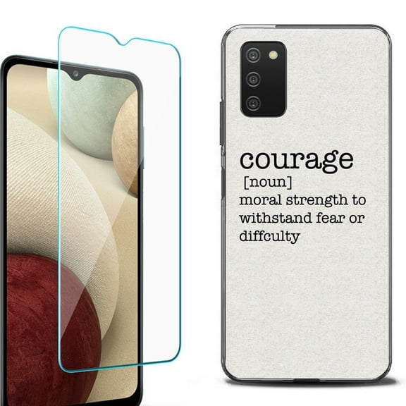 Slim-Fit Protective Fashion Phone Case (Black) for Samsung Galaxy A03s, with Tempered Glass Screen Protector, by OneToughShield ® - Dictionary/Courage