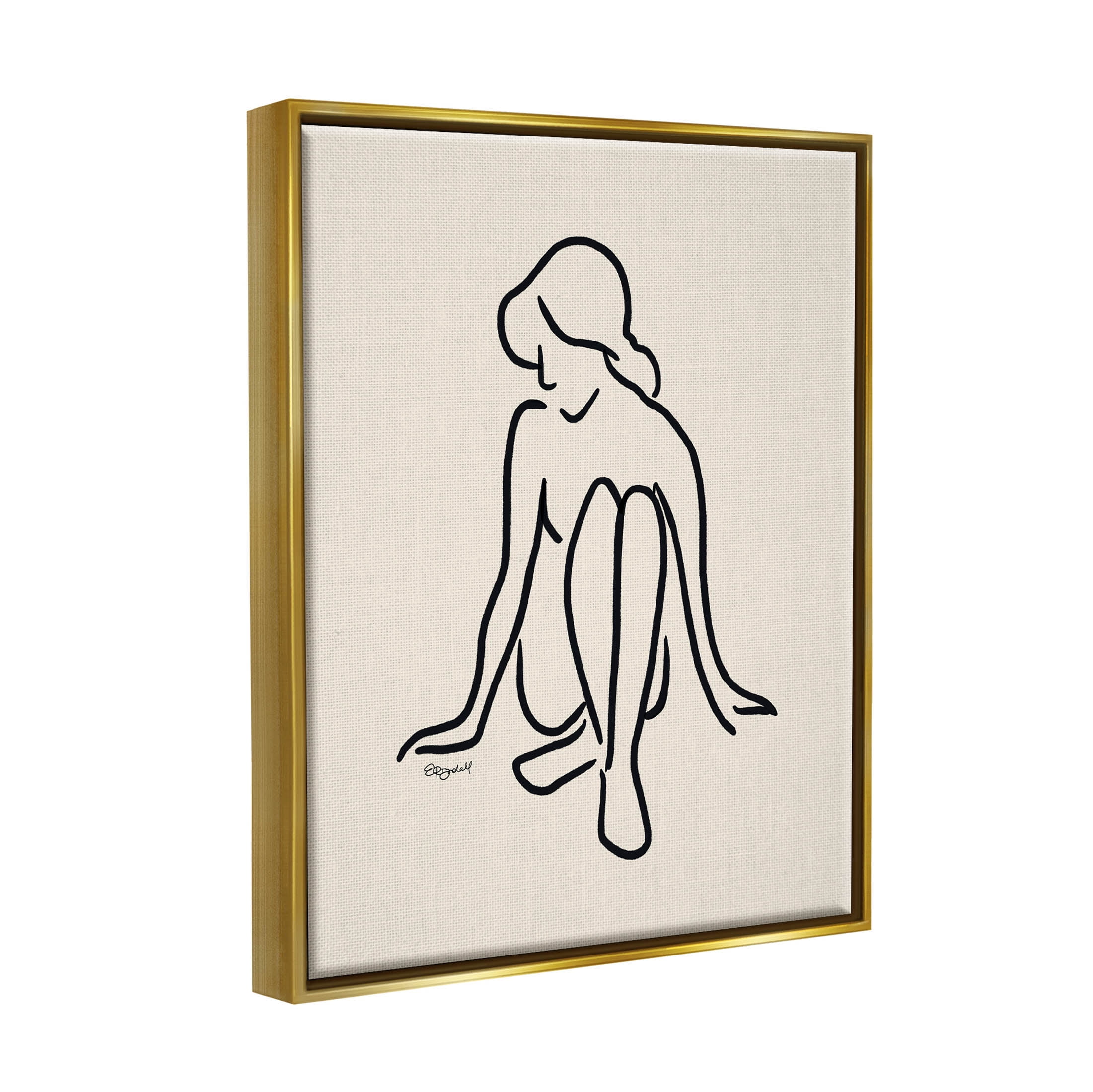 Stupell Industries Relaxing Girl Doodle Style Line Drawing Graphic Art Metallic Gold Floating Framed Canvas Print Wall Art, Design by Elizabeth Tyndall