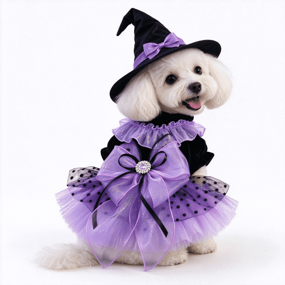 Dog Tutu, Dog Clothes for Small Dogs, Purple Lace Princess Puppy Dress with Bow and Witch Hat, Soft Breathable Pet Apparel, for Wedding Birthday Party Halloween