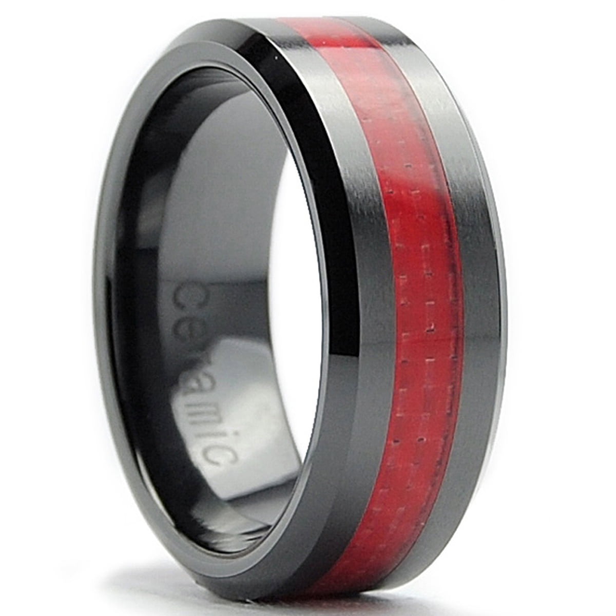 Comfort Fit Ceramic 8mm Wedding Band Ring with Black and Red Carbon Fiber Inlay 