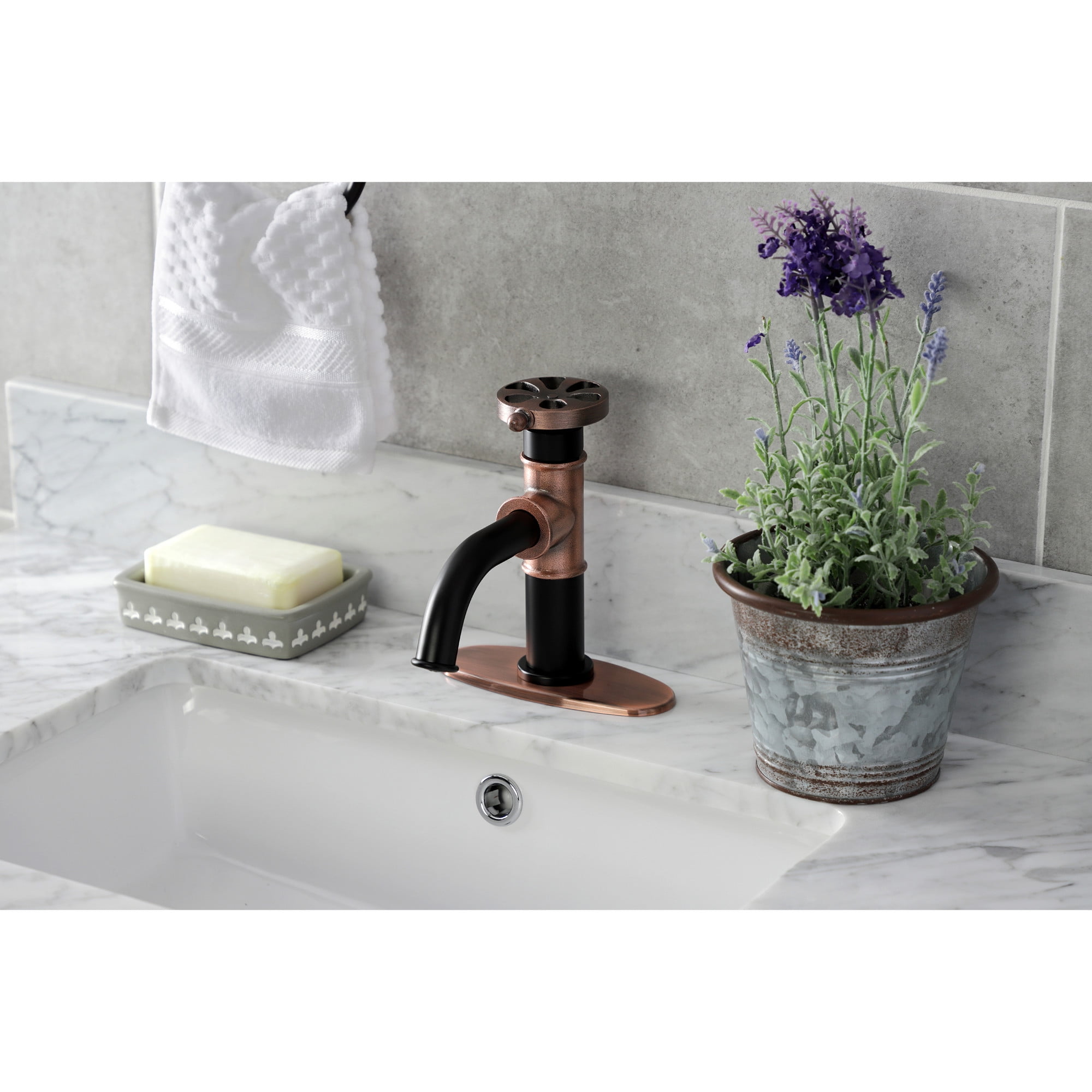 Kingston Brass KSD282RXAC Belknap One-Handle Single-Hole Bathroom Faucet with Deck Plate and Push Pop-Up Drain, Matte Black/Antique Copper