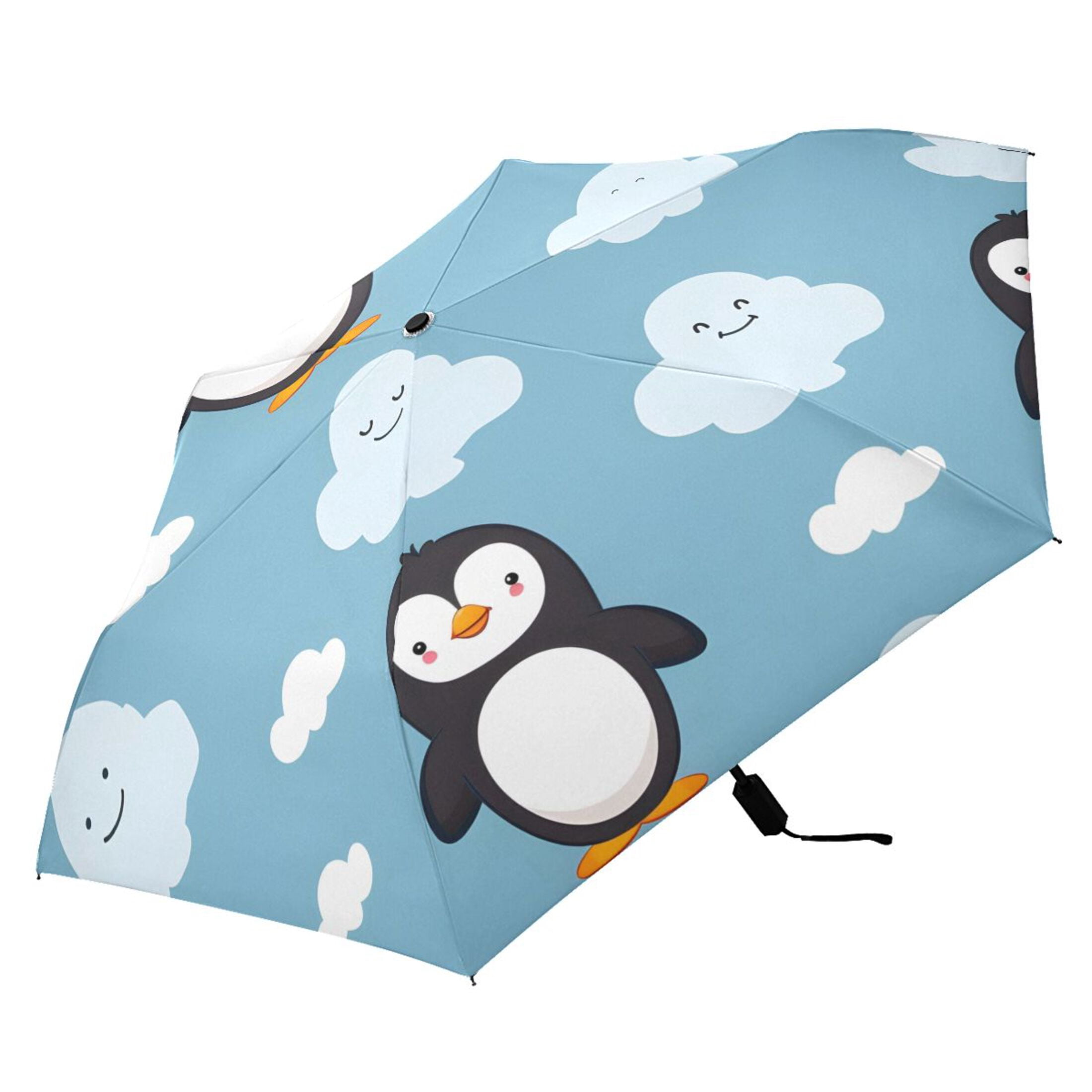 Cartoon Penguins and Cloud Compact Sun Umbrella Windproof Travel Umbrellas for Rain Strong Portable UV Protection