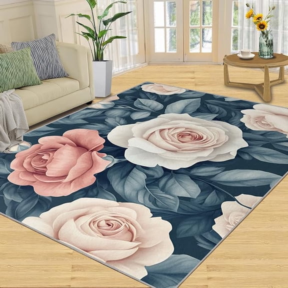 Flowers Area Rug, Rose Bedroom Rug, Retro Floral Rugs for Living Room, Indoor Carpet, Low-Pile & Non Slip, Washable Rugs & Home Decor 2 x 3ft