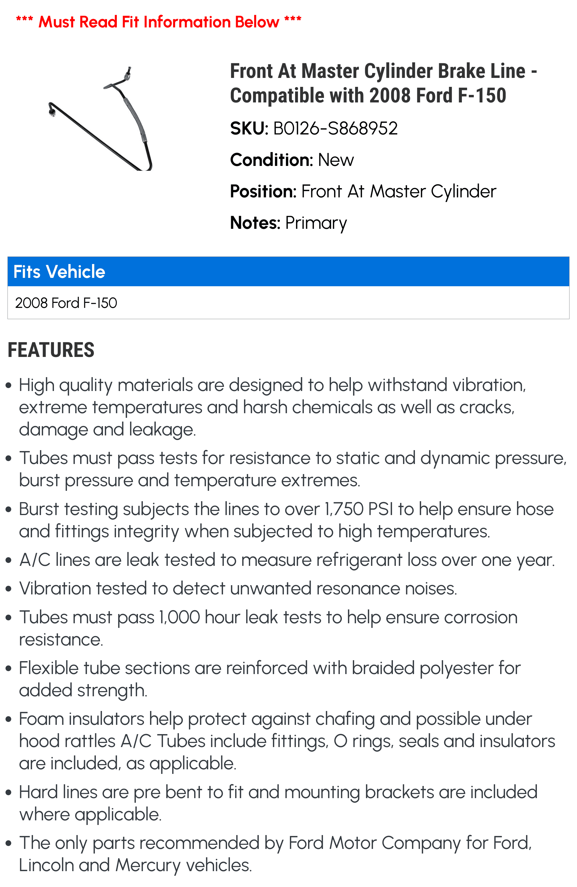 Front At Master Cylinder Brake Line - Compatible with 2008 Ford F-150