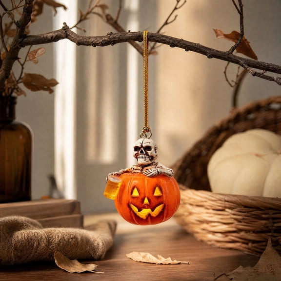 COM1950s Halloween Hanging Ornament, Light Up Skeleton Pumpkin Decoration, Resin Spooky Decor for Indoor Outdoor Party and Fall Display
