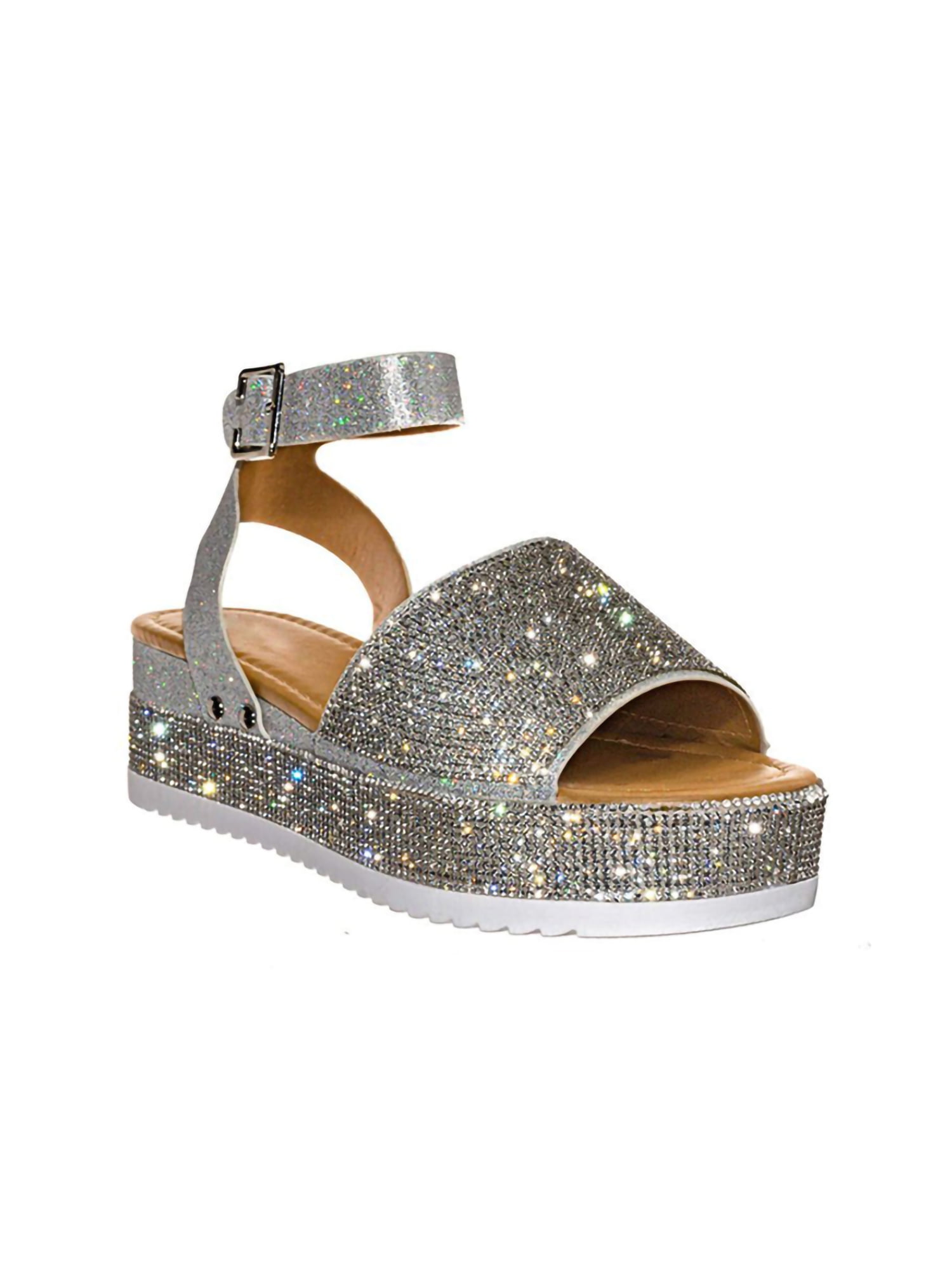 LUXUR Women's Summer Buckle Diamond Sandals Platform Casual Open-toe Holiday Anti-slip Shoes 