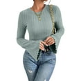 thumbnail image 6 of Lenpel Women's T-Shirts Bell Long Sleeve Crew Neck Ruffle Trim Slim Ribbed Knit Tops Brushed Fleece Tee Blouses(Mint Green,Small), 6 of 7
