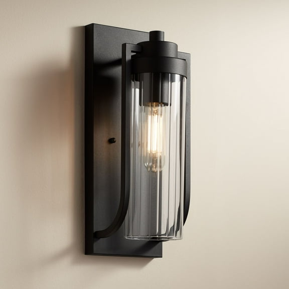 Possini Euro Design Bogata Industrial Modern Wall Light Sconce Textured Black Hardwire 6" Fixture Clear Ribbed Glass for Bedroom Bathroom Vanity House