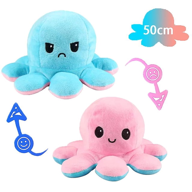 Pulpo gigante reversible de 50 cm. Juguete de peluche reversible de pulpo feliz y triste. ¡Muestra tu estado de ánimo sin decir una palabra! Rosa y azul claro, rosa