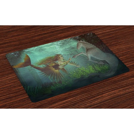 Mermaid Placemats Set Of 4 Mermaid Meets Seahorse Underwater World Fantasy Magical Fairytale Design Washable Fabric Place Mats For Dining Room - 