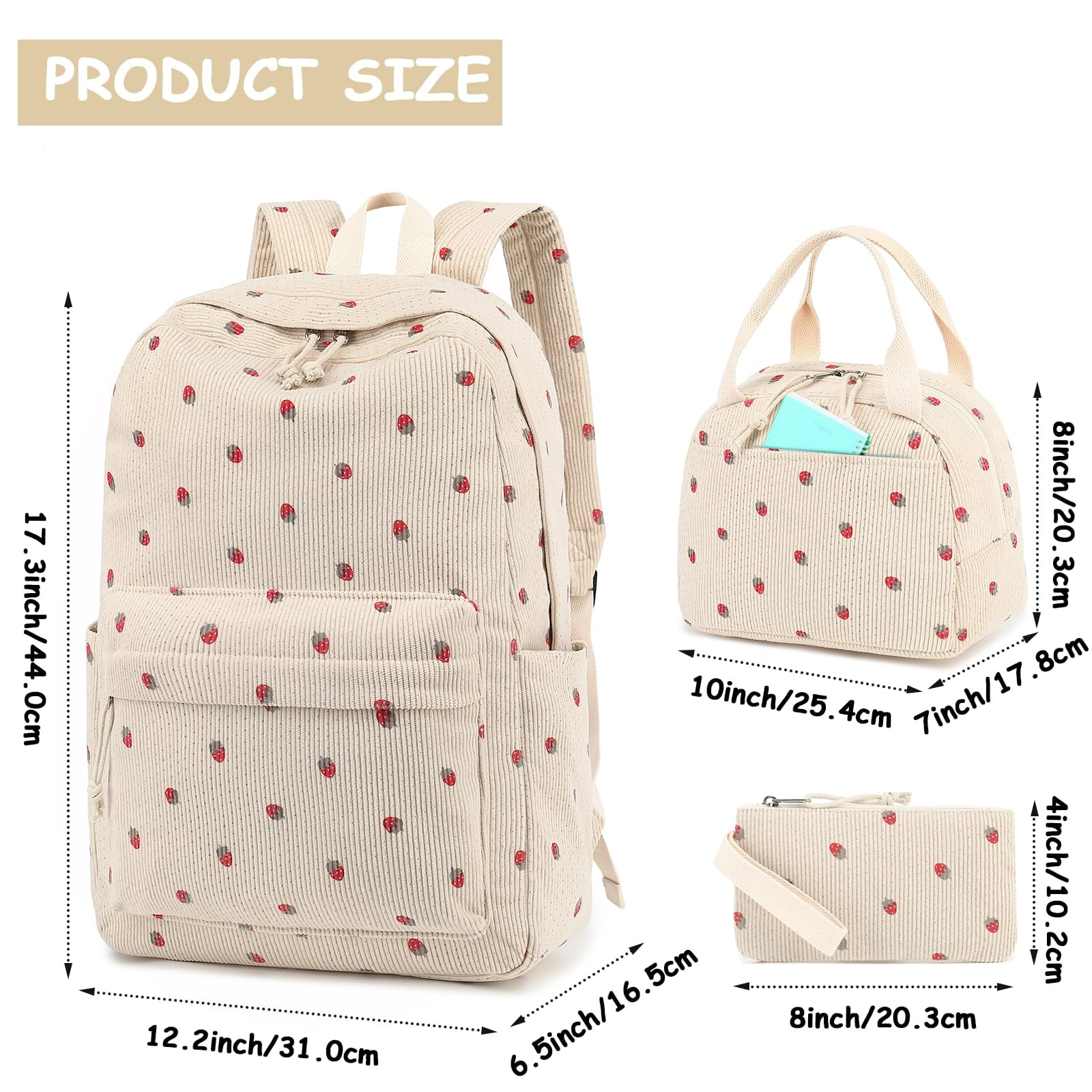 Soda Candy Backpacks for Girls Corduroy 3pcs School Backpack Set with Lunch Bag Pencil Pouch Kids Bookbag for Elementary Middle High School Travel Daypack