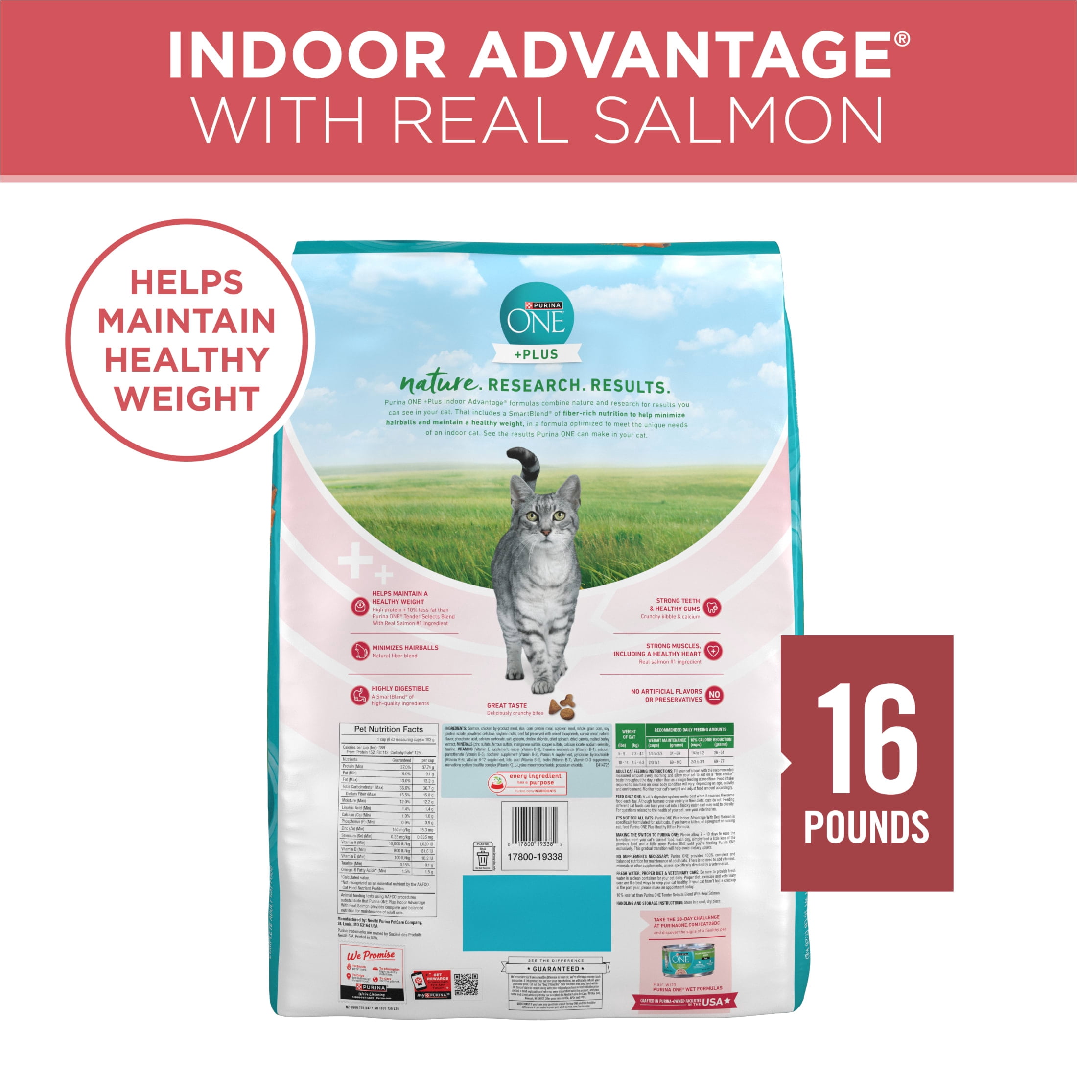 (3 pack) Purina ONE Plus, Indoor Advantage, Dry Cat Food, Salmon, 16 lb Bag
