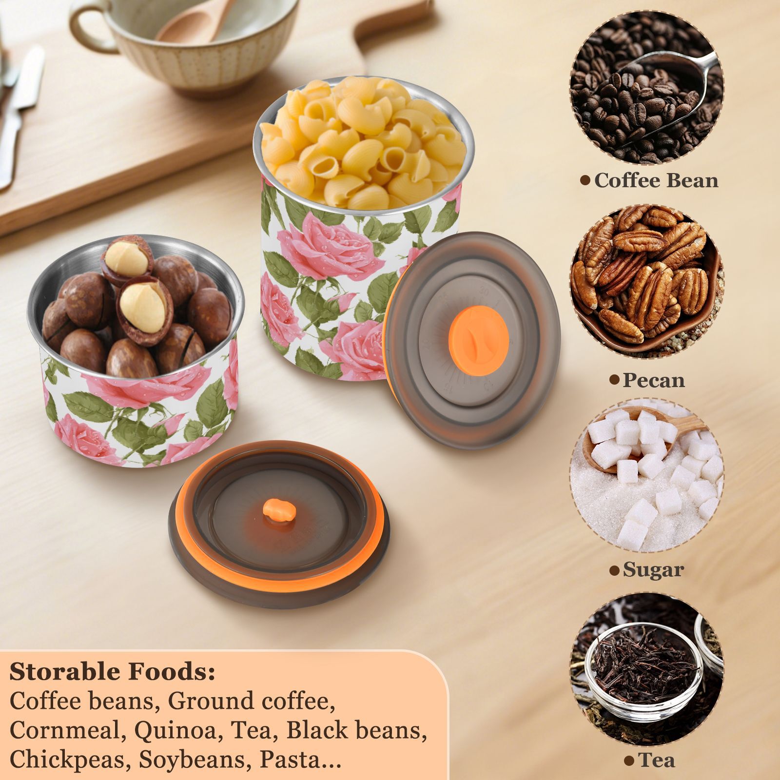 Pink Rose Flower Airtight Coffee Bean Canister 30oz Food Storage Containers with Lids For Gournd, Tea, Sugar, Flour, Rice, Cereal, Candy Cookie Jar