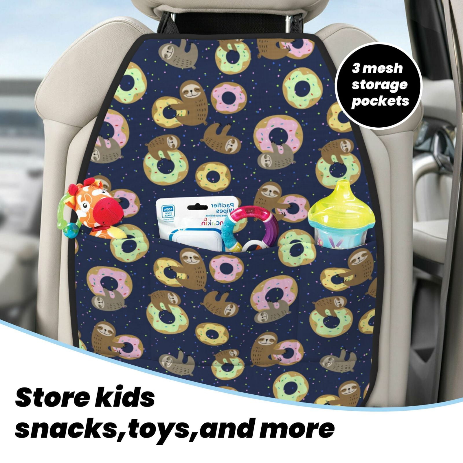 Xecao Sloth with Donuts Pattern Car Seat Back Protector 2 Pack Large Capacity Pocket, Kick Mats Back Seat Protector