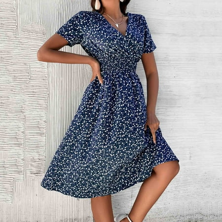 

Moxiu Formal Dresses for Women Short Sleeve Print Dress V Neck Elegant Fall Dresses Loose Fit Birthday Dresses for Women