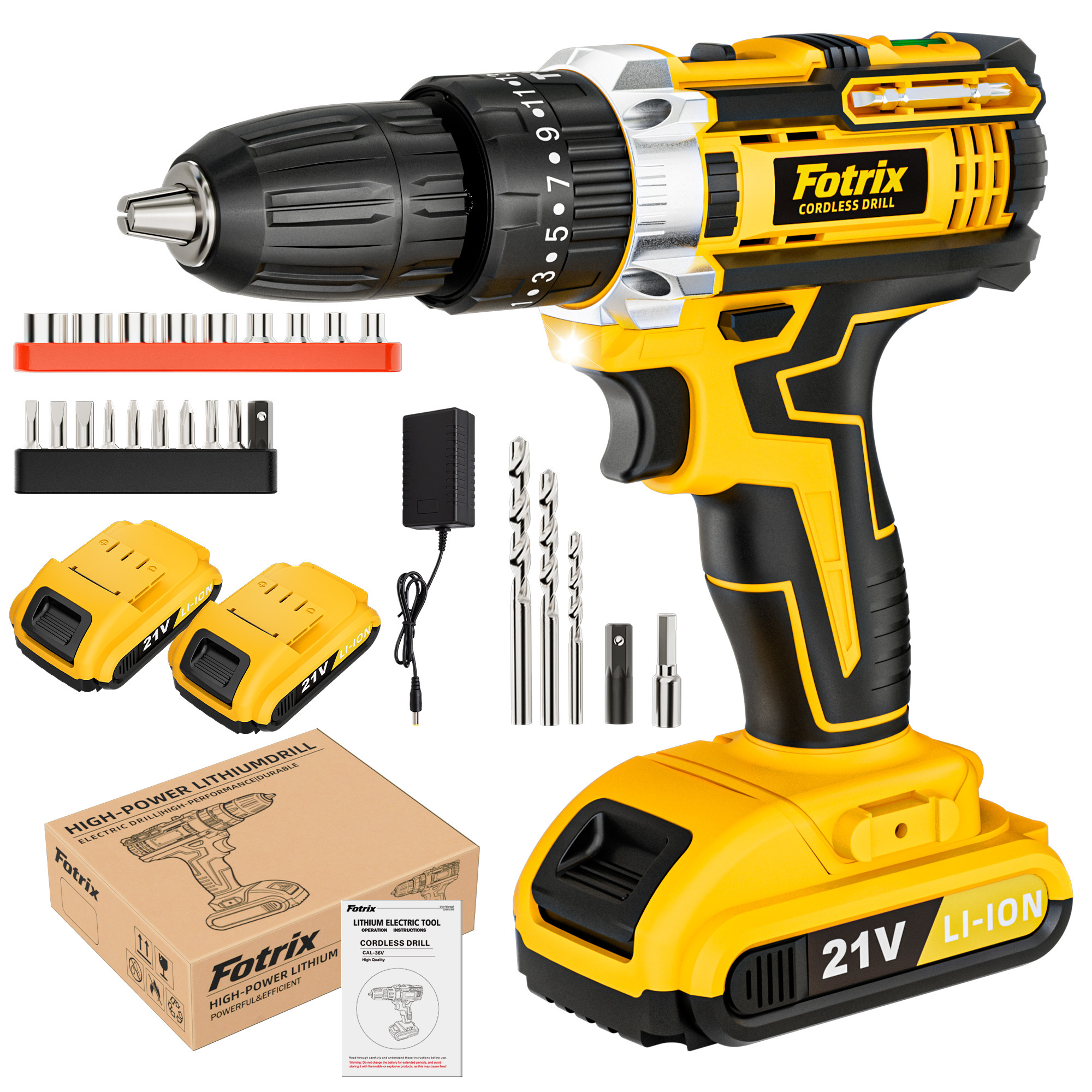 21V Cordless Drill, 2 Speed, Keyless 3/8" Chase Drill with LED Light, Equipped, one battery&paper box pack