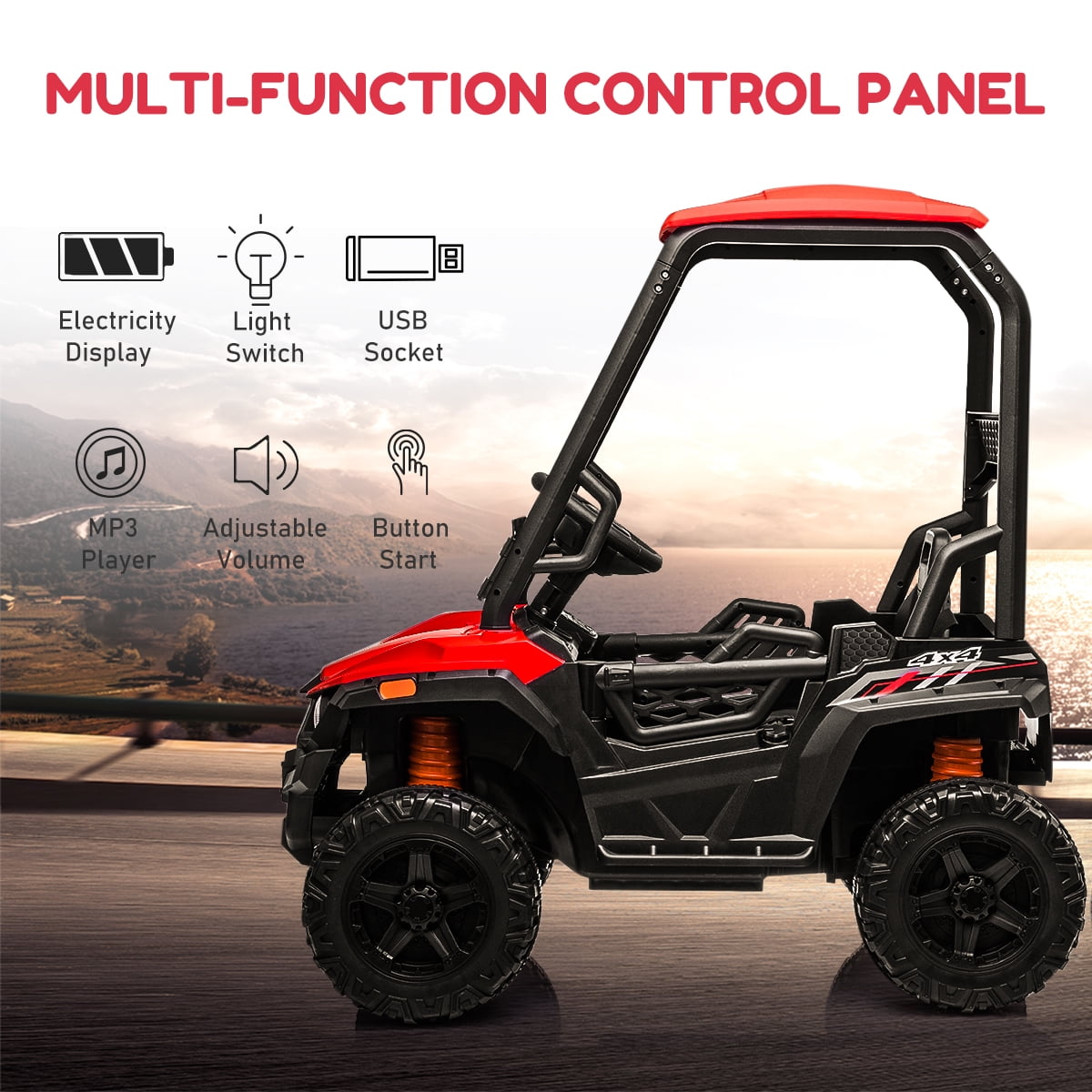 Kepooman 12V Kids Electric Off-Road UTV for Indoor Outdoor Play, Child' s Battery Powered Ride-On UTV Truck Car Toys with Ceiling & Remote Control & Music, Red