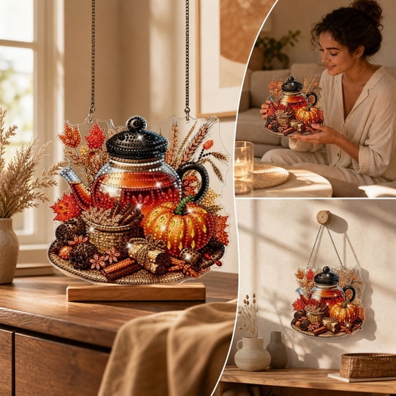 Yaayu Thanksgiving Pearl Diamond Art Kits for Adults, 1 Set Autumn Tea Pot Hanging Ornament, DIY Pendant Suncatcher, Window Wall Door Decor, Orange
