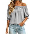 thumbnail image 3 of Tqcoqu Women's Solid Off Shoulder Ruffle Elastic 3/4 Puff Sleeve Blouse,Loose Flowy Summer Casual Pullover Top,Gray Women's S-XXL, 3 of 8