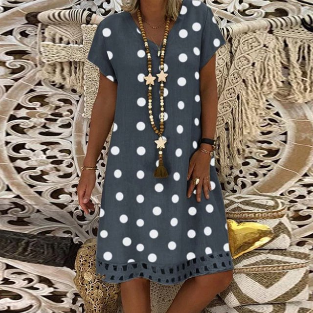 IDALL Robes d'Été, Robes Décontractées Mode Femmes Décontractées Imprimé à Pois Colorblock Manches Courtes Col en V Robe Petite, Robes Hawaïennes, Robes Mode Grises 4TG