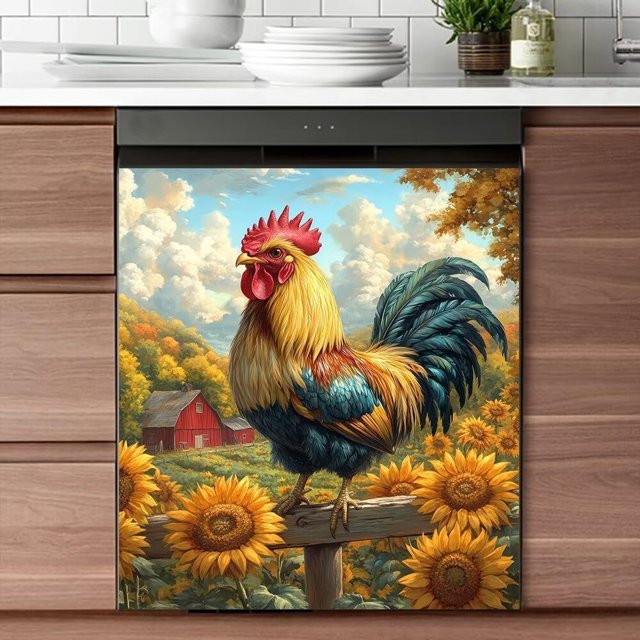 Country Rooster and Sunflower Wallpaper Magnetic Dishwasher Cover Sticker,Rural Style Kitchen Decor,Refrigerator Magnet Cover Sticker,Fridge Covers Decorative 23W x 26H inchs