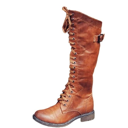 

KBKYBUYZ Retro Lace Up Boots For Women Round Toe Low Heel Knee High Combat Boots