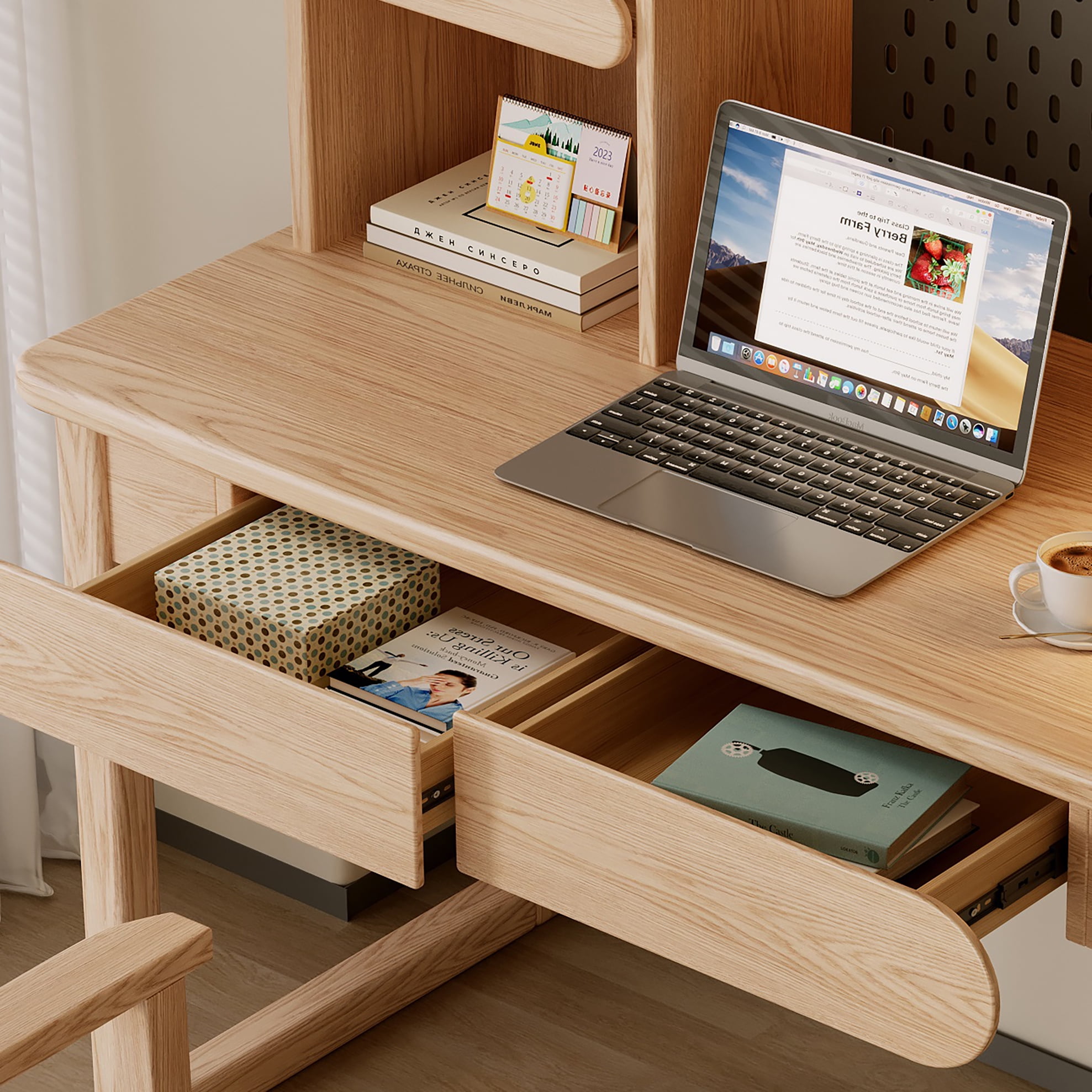 BALANBO Modern Wooden Kids Desk with Hutch and Bookshelf, Nature, Wood of Ash