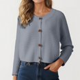 thumbnail image 2 of Wang6 Women Lightweight Cropped Cardigans Sweaters Trendy Long Sleeve Button down Knit Sweater Fall Crew Neck Striped Embossing Knitted Outwear Tops Grey One Size, 2 of 5