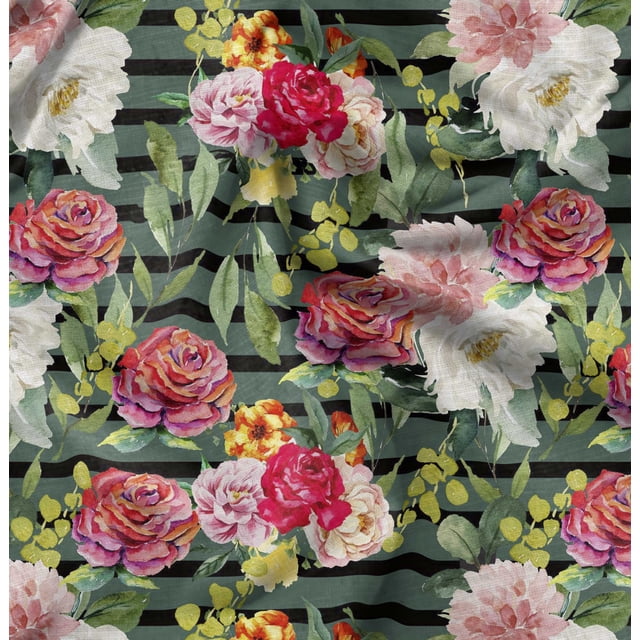 Soimoi Vert Voile de Coton Rayé & Grandiflora Roses Imprimé Floral Tissu par Yard 42 Pouces de Large